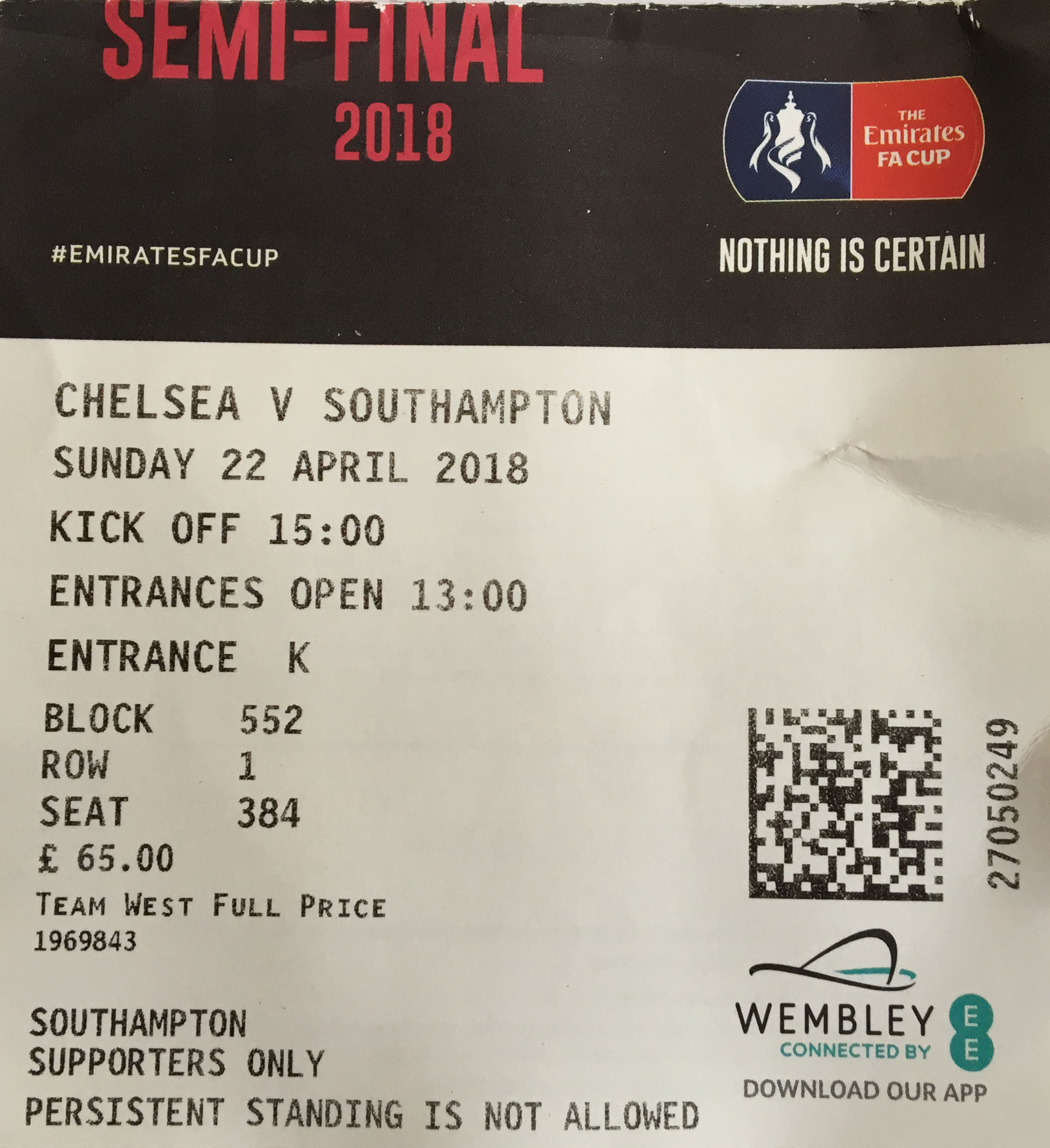  away ticket in the Emirates FA Cup on the 4/22/2018 at the Wembley