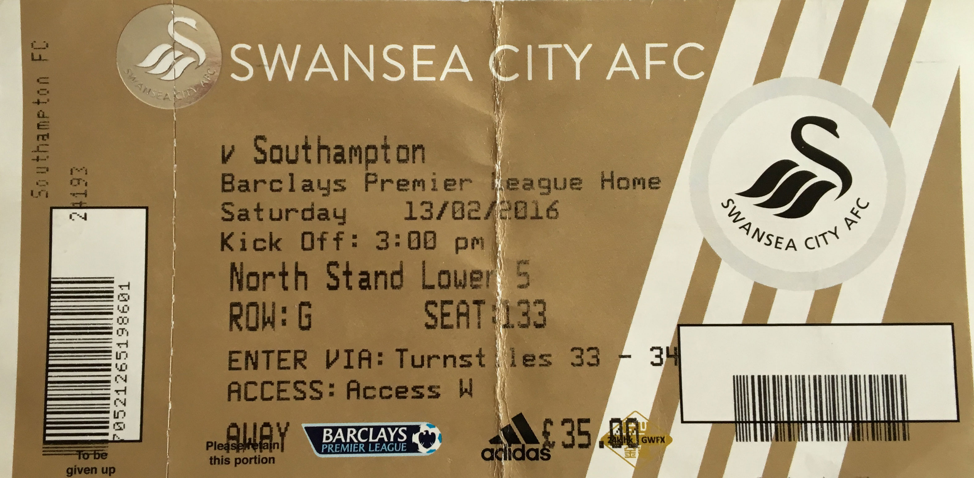 Swansea City away ticket in the Premier League on the 2/13/2016 at the Liberty Stadium