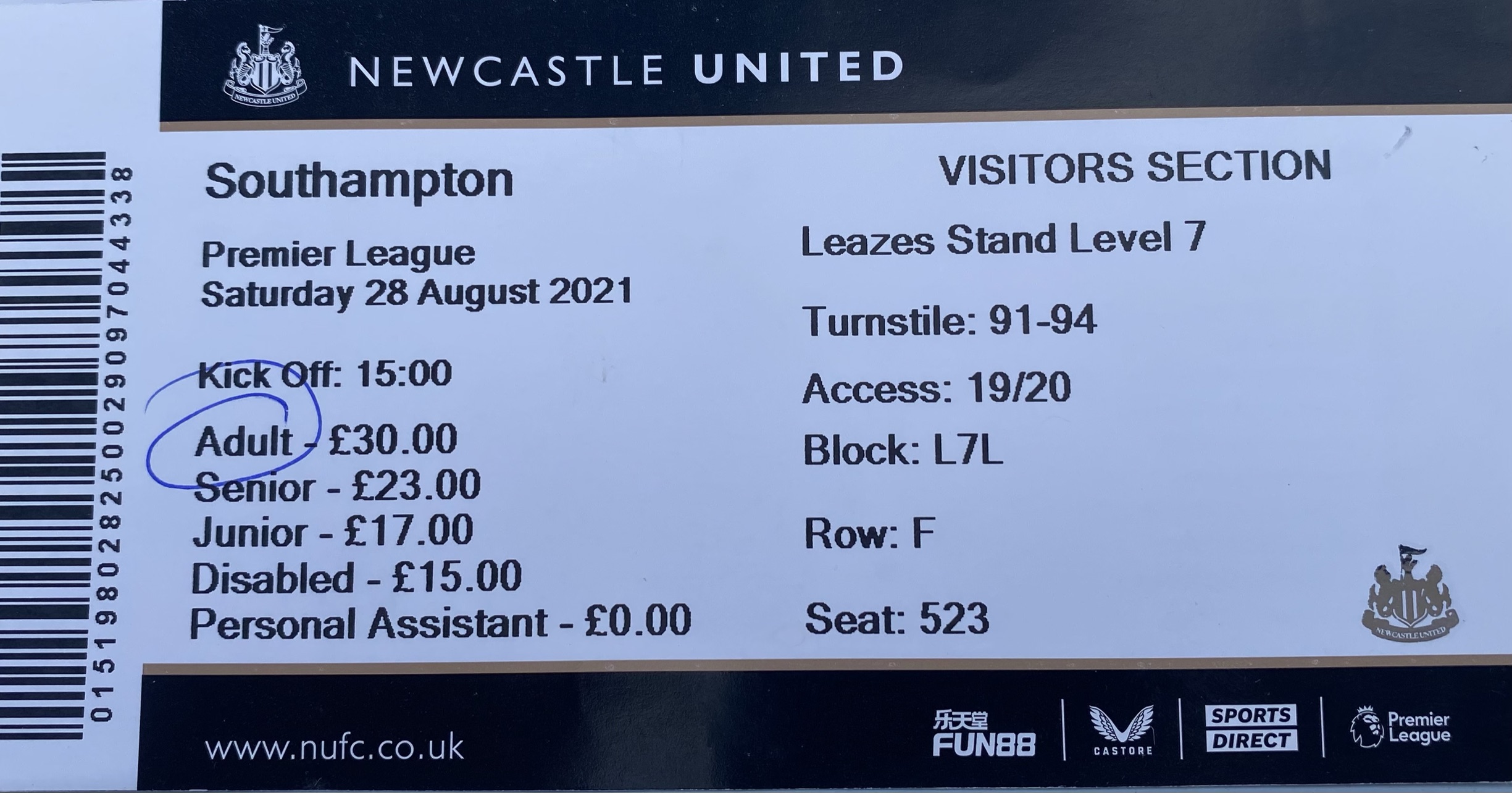 Newcastle United away ticket in the Premier League on the 8/28/2021 at the St James Park