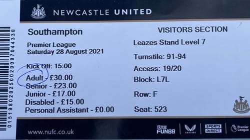 Newcastle United away ticket in the Premier League on the 8/28/2021 at the St James Park