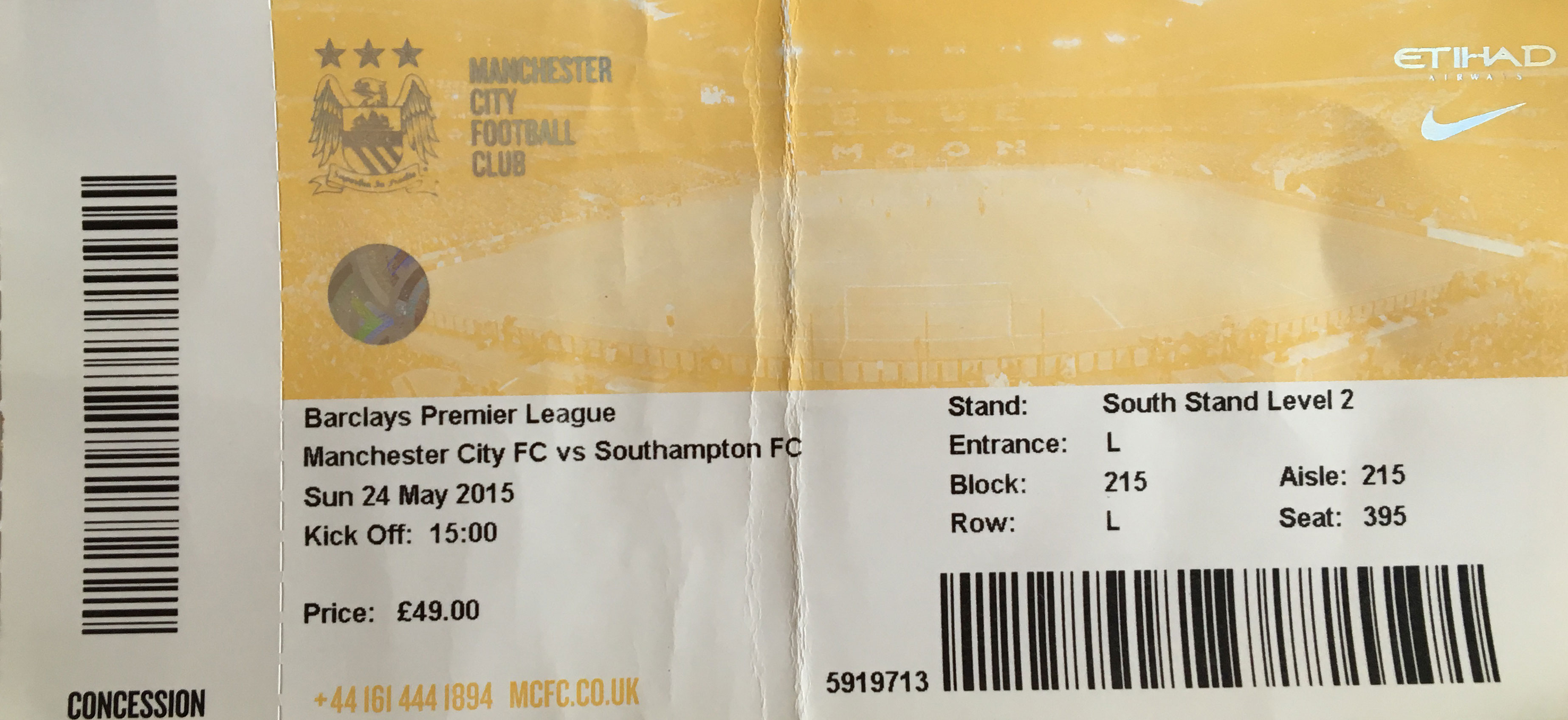 Manchester City away ticket in the Premier League on the 5/24/2015 at the The Etihad