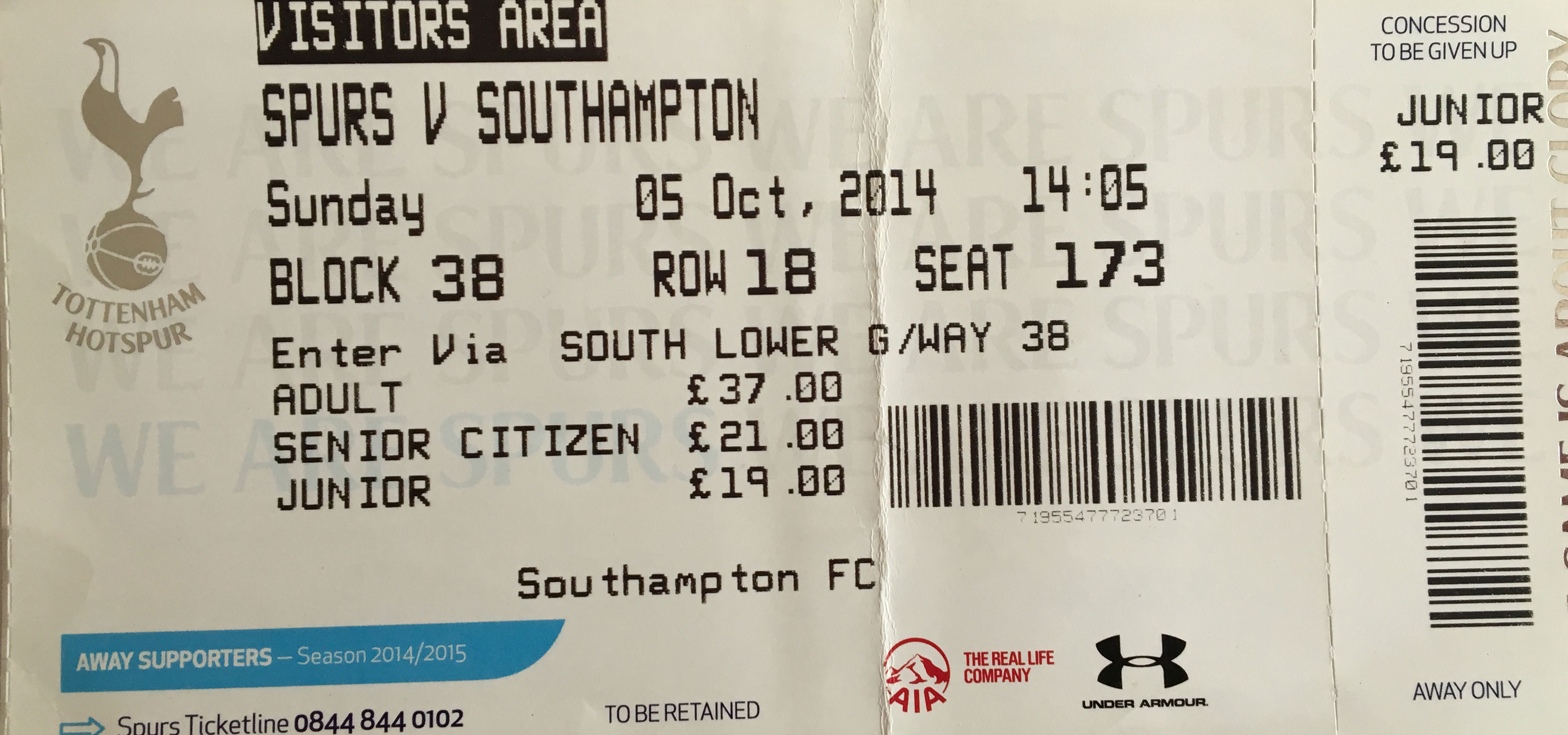 Tottenham Hotspur away ticket in the Premier League on the 10/5/2014 at the White Hart Lane