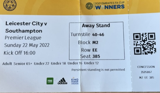 Leicester City away ticket in the Premier League on the 5/22/2022 at the King Power Stadium