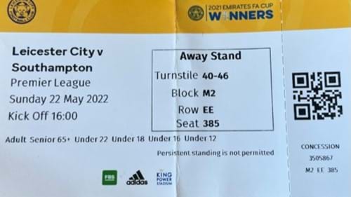 Leicester City away ticket in the Premier League on the 5/22/2022 at the King Power Stadium