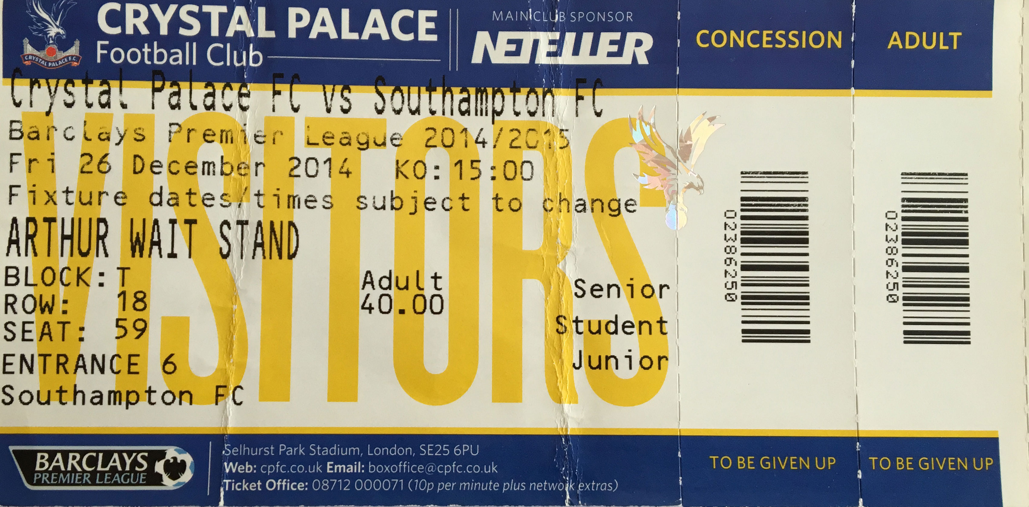 Crystal Palace away ticket in the Premier League on the 12/26/2014 at the Selhurst Park