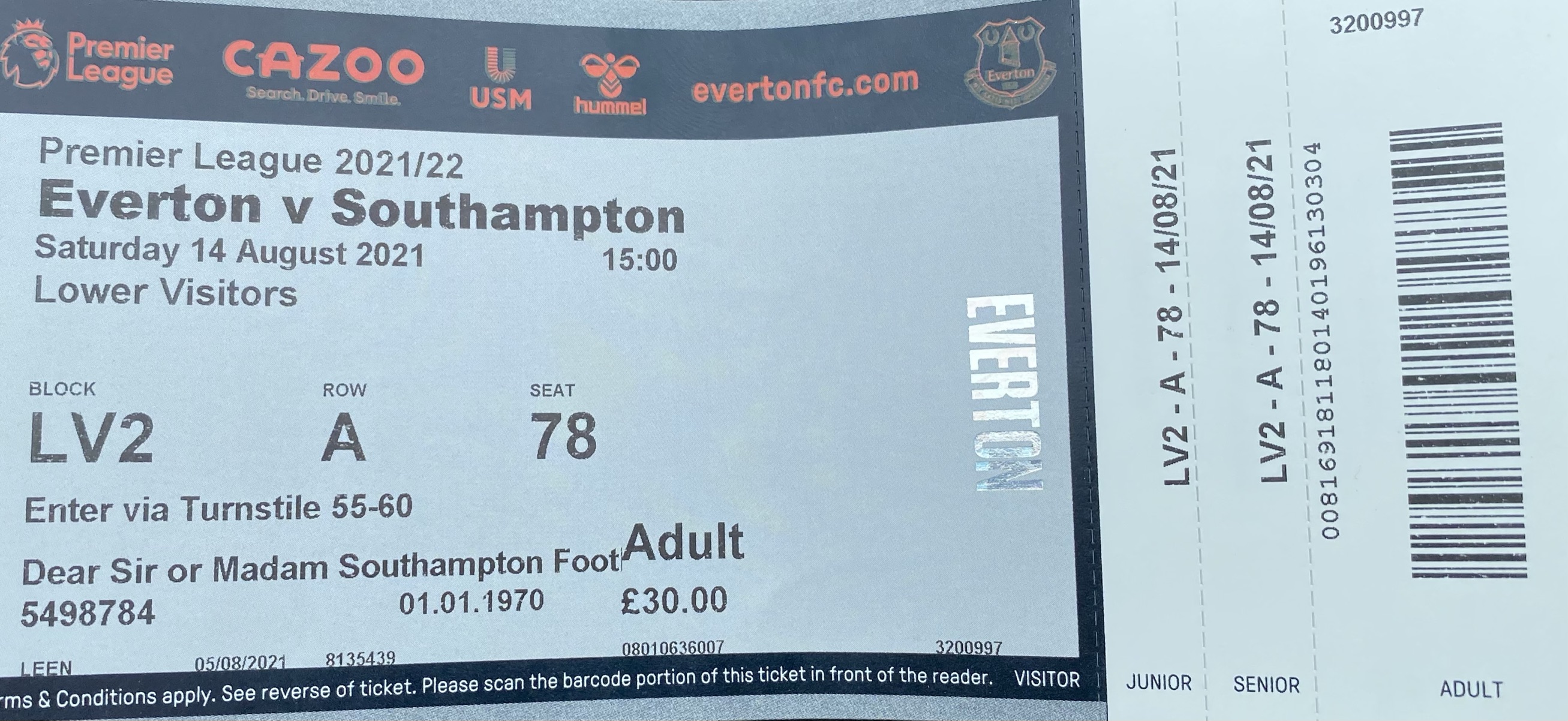 Everton away ticket in the Premier League on the 8/14/2021 at the Goodison Park