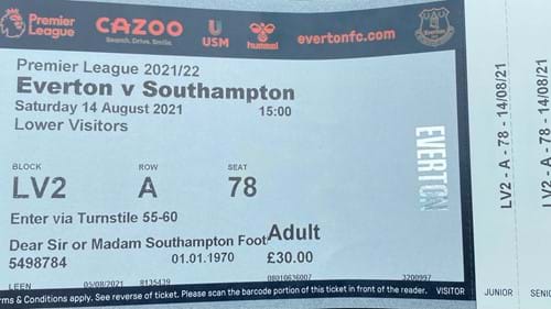 Everton away ticket in the Premier League on the 8/14/2021 at the Goodison Park
