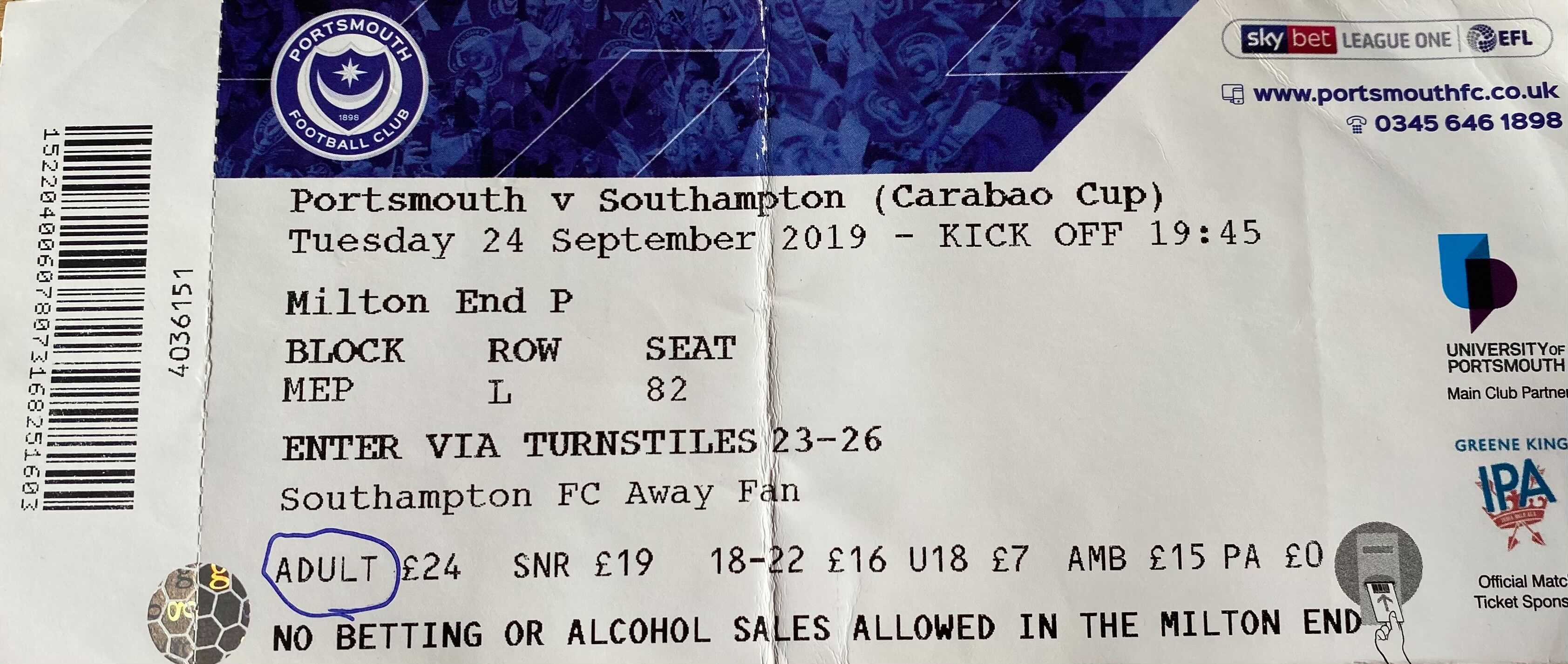 Portsmouth away ticket in the The Carabao Cup on the 9/24/2019 at the Fratton Park