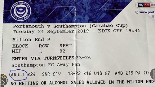 Portsmouth away ticket in the The Carabao Cup on the 9/24/2019 at the Fratton Park