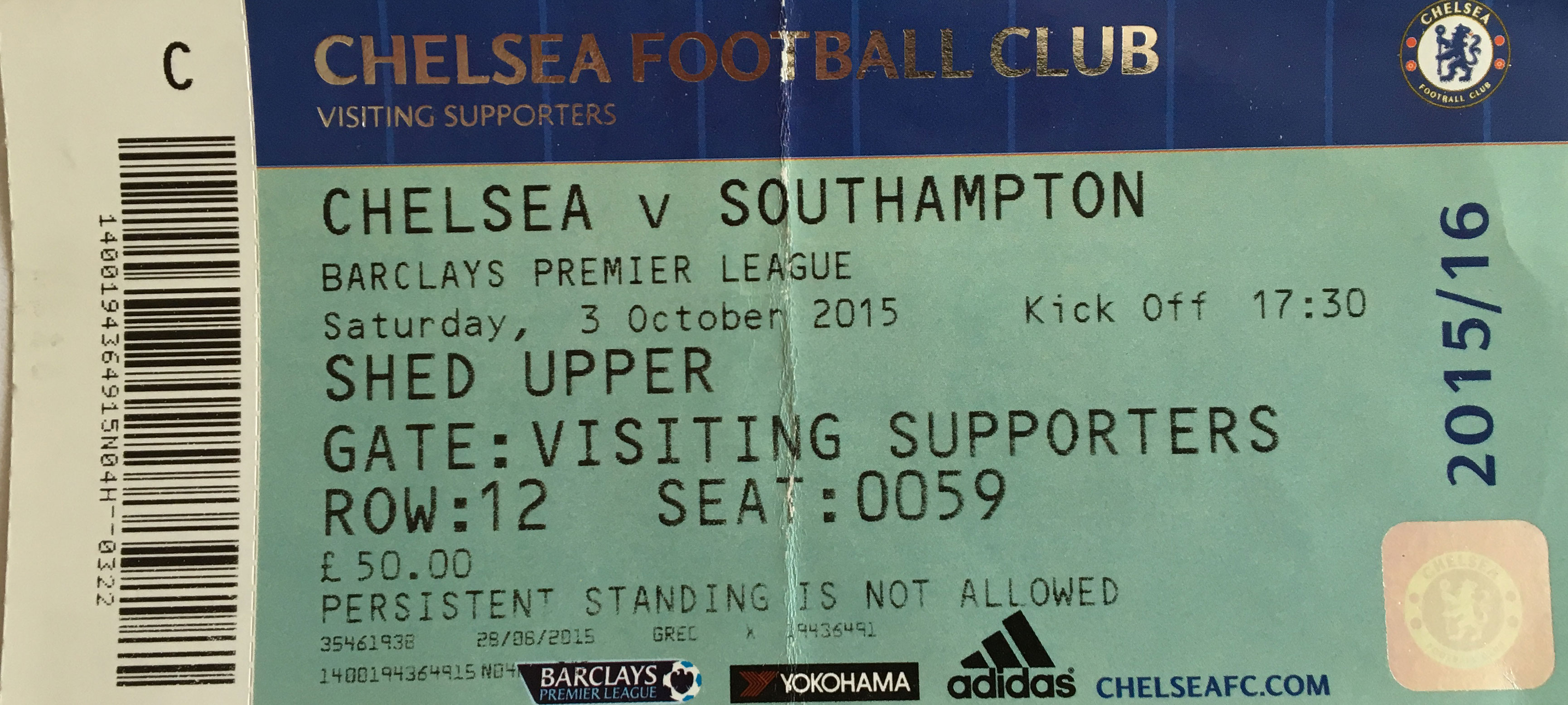 Chelsea away ticket in the Premier League on the 10/3/2015 at the Stamford Bridge