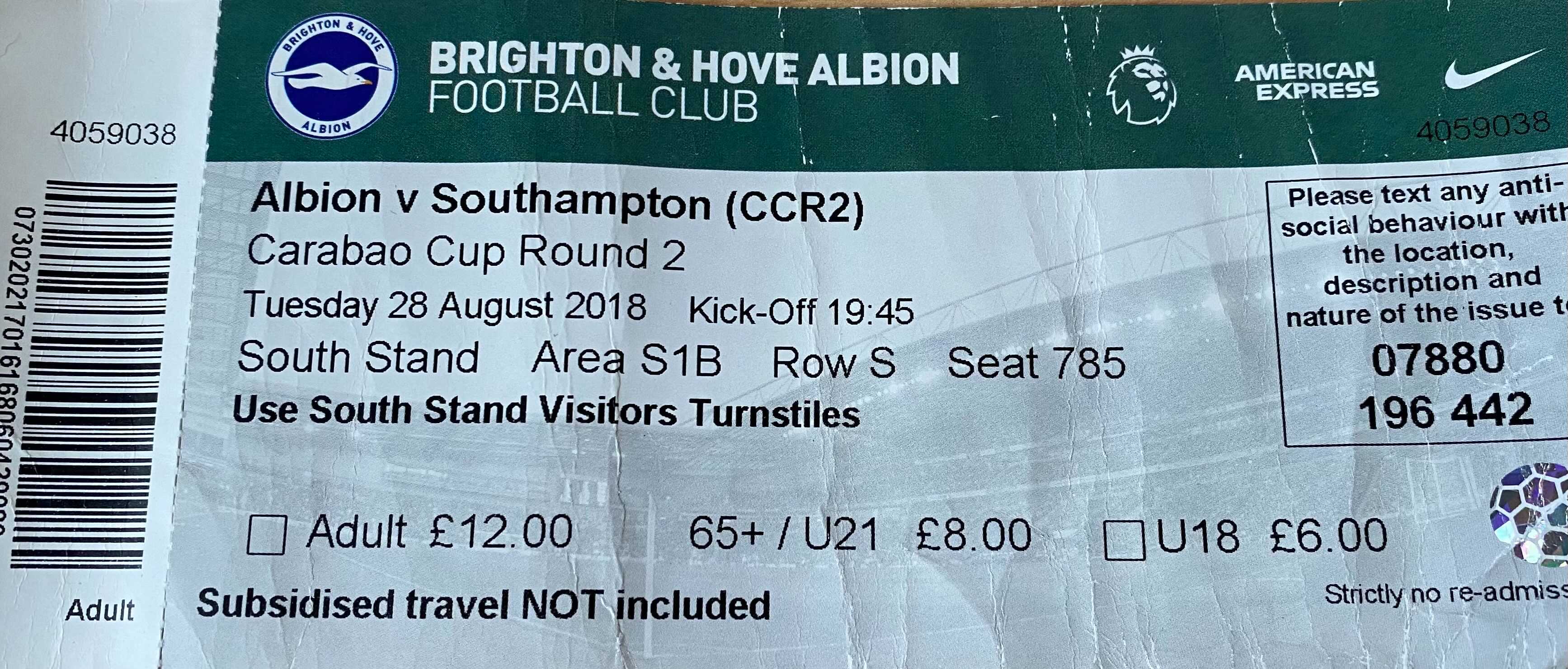 Brighton & Hove Albion away ticket in the The Carabao Cup on the 8/28/2018 at the The Amex