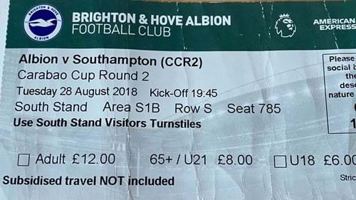 Brighton & Hove Albion away ticket in the The Carabao Cup on the 8/28/2018 at the The Amex