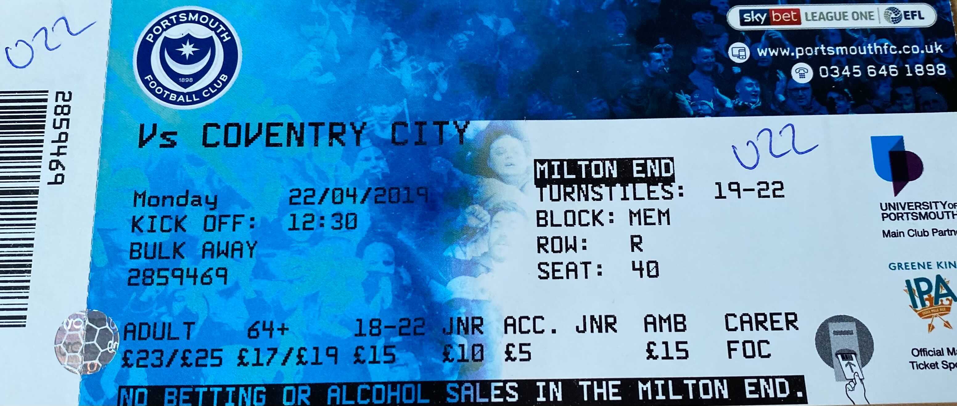 Portsmouth away ticket in the EFL League One on the 4/22/2019 at the Fratton Park