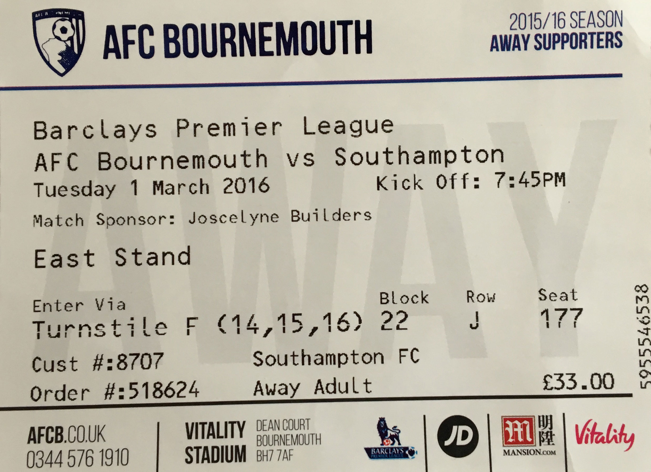 AFC Bournemouth away ticket in the Premier League on the 5/1/2016 at the Vitality Stadium