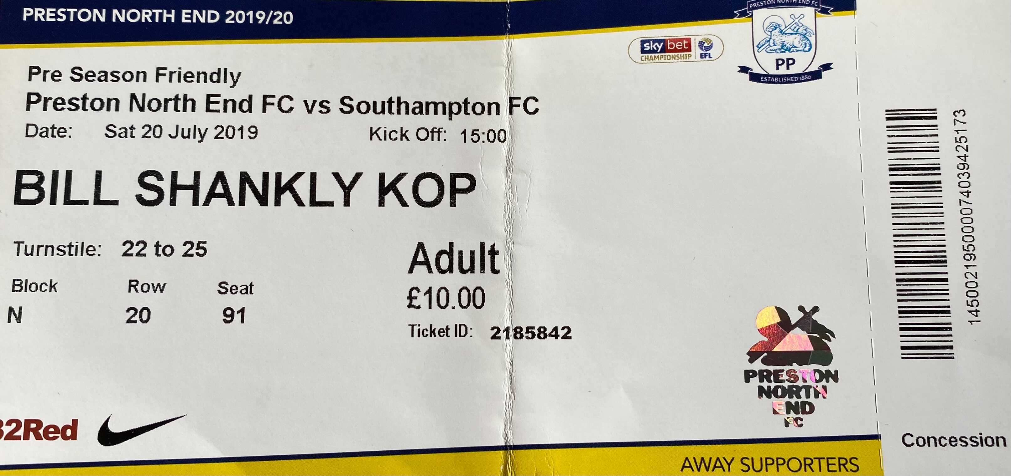 Preston North End away ticket in the Pre season friendly on the 7/20/2019 at the Deepdale